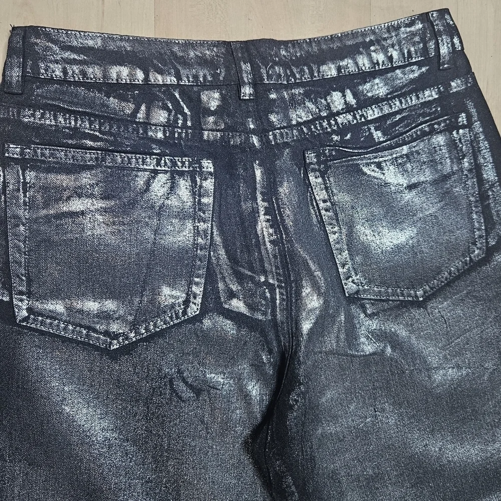 Miss Love The Metallic Jean Denim Wide Leg Pants Black Silver size Large